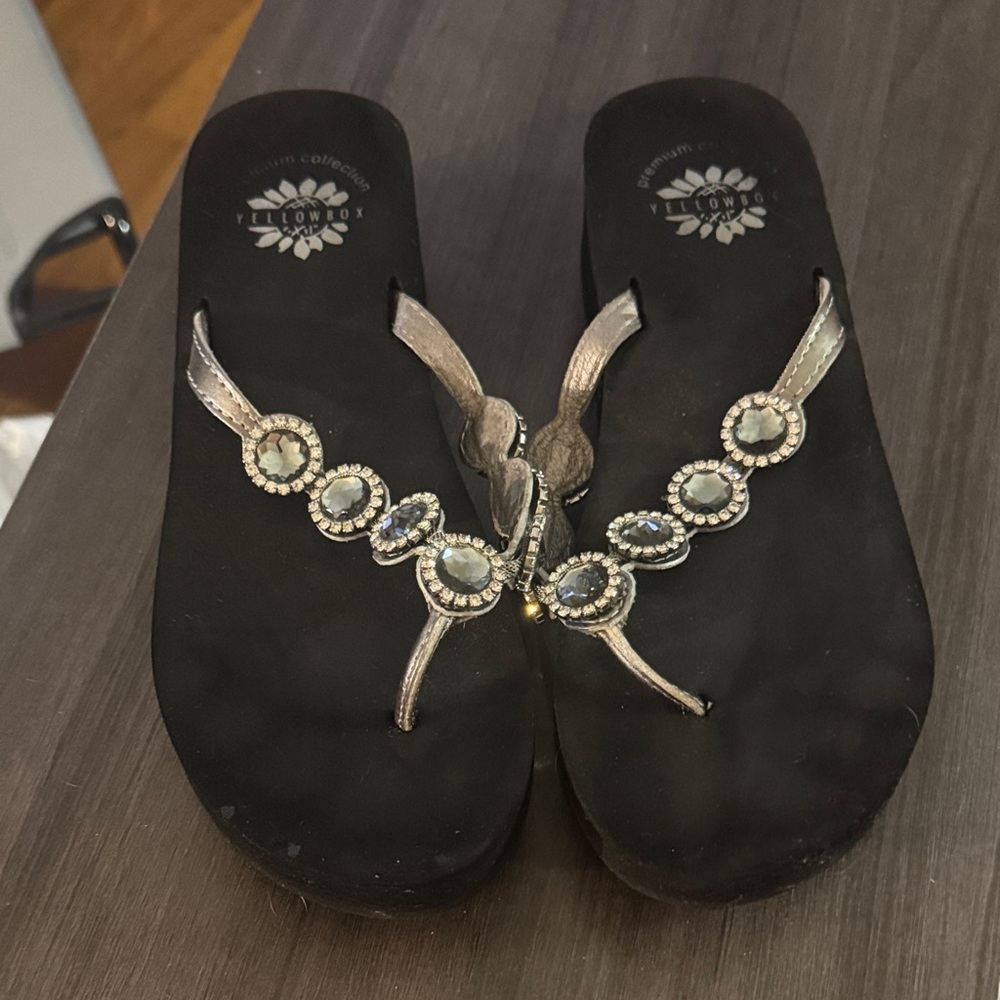 Yellow Box Black Sandals with Silver Accents